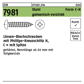2000 Stück, DIN 7981 Stahl Form C-H galvanisch verzinkt Linsen-Blechschrauben mit Spitze, mit Phillips-Kreuzschlitz H - Abmessung: C2,2 x 19 -H