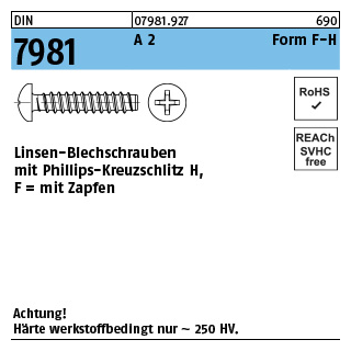 1000 Stück, DIN 7981 A 2 Form F-H Linsen-Blechschrauben mit Zapfen, mit Phillips-Kreuzschlitz H - Abmessung: 2,9x 6,5 -F-H