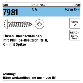 1000 Stück, DIN 7981 A 4 Form C-H Linsen-Blechschrauben mit Spitze, mit Phillips-Kreuzschlitz H - Abmessung: C 2,9 x 16 -H