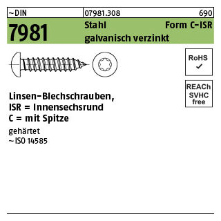 1000 Stück, ~DIN 7981 Stahl Form C-ISR galvanisch verzinkt Linsen-Blechschrauben mit Spitze, Innensechsrund - Abmessung: 3,9 x 9,5-C-T20