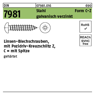 250 Stück, DIN 7981 Stahl Form C-Z galvanisch verzinkt Linsen-Blechschrauben mit Spitze, mit Pozidriv-Kreuzschlitz Z - Abmessung: 6,3x 16 -C-Z