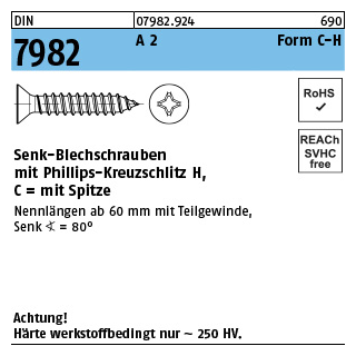 250 Stück, DIN 7982 A 2 Form C-H Senk-Blechschrauben mit Spitze, mit Phillips-Kreuzschlitz H - Abmessung: C 6,3 x 50 -H