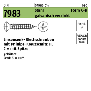 100 Stück, DIN 7983 Stahl, geh. Form C-H galvanisch verzinkt Linsensenk-Blechschrauben mit Spitze, mit Phillips-Kreuzschlitz H - Abmessung: C 2,9 x 16 -H