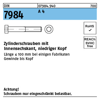 200 Stück, DIN 7984 A 4 Zylinderschrauben mit Innensechskant, niedriger Kopf - Abmessung: M 4 x 16