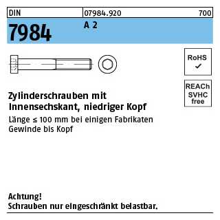 100 Stück, DIN 7984 A 2 Zylinderschrauben mit Innensechskant, niedriger Kopf - Abmessung: M 4 x 25