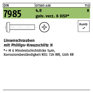 2000 Stück, DIN 7985 4.8 H galv. verz. 8 DiSP Linsenschrauben mit Phillips-Kreuzschlitz H - Abmessung: M 3 x 6-H