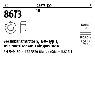 100 Stück, ISO 8673 10 Sechskantmuttern, ISO-Typ 1, mit metrischem Feingewinde - Abmessung: M 8 x 1