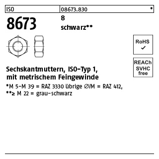 100 Stück, ISO 8673 8 schwarz Sechskantmuttern, ISO-Typ 1, mit metrischem Feingewinde - Abmessung: M 10 x 1