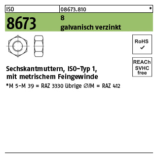 100 Stück, ISO 8673 8 galvanisch verzinkt Sechskantmuttern, ISO-Typ 1, mit metrischem Feingewinde - Abmessung: M 12 x 1,5