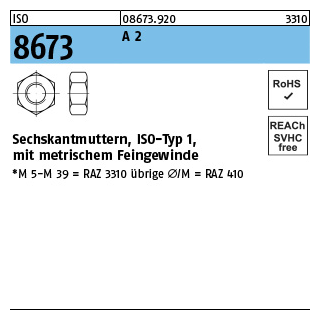 10 Stück, ISO 8673 A 2 Sechskantmuttern, ISO-Typ 1, mit metrischem Feingewinde - Abmessung: M 20 x 1,5