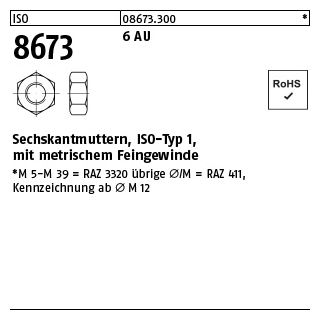 1 Stück, ISO 8673 6 AU Sechskantmuttern, ISO-Typ 1, mit metrischem Feingewinde - Abmessung: M 42 x 3