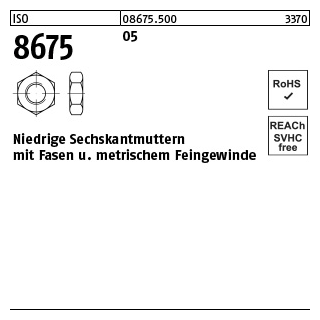 100 Stück, ISO 8675 05 Niedrige Sechskantmuttern mit Fasen und metrischem Feingewinde - Abmessung: M 10 x 1