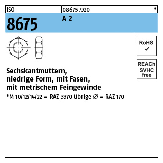 50 Stück, ISO 8675 A 2 Niedrige Sechskantmuttern mit Fasen und metrischem Feingewinde - Abmessung: M 10 x 1,25