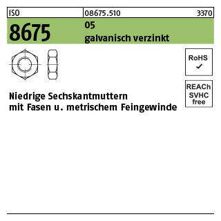 100 Stück, ISO 8675 05 galvanisch verzinkt Niedrige Sechskantmuttern mit Fasen und metrischem Feingewinde - Abmessung: M 20 x 1,5