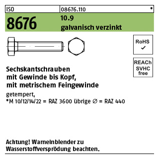 200 Stück, ISO 8676 10.9 galvanisch verzinkt Sechskantschrauben mit Gewinde bis Kopf, mit metrischem Feingewinde - Abmessung: M 8 x1 x 20