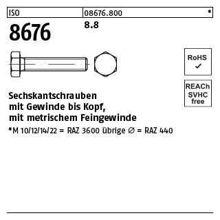 100 Stück, ISO 8676 8.8 Sechskantschrauben mit Gewinde bis Kopf, mit metrischem Feingewinde - Abmessung: M 8 x1 x 80