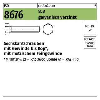 100 Stück, ISO 8676 8.8 galvanisch verzinkt Sechskantschrauben mit Gewinde bis Kopf, mit metrischem Feingewinde - Abmessung: M 12 x1,25x 25