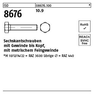 50 Stück, ISO 8676 10.9 Sechskantschrauben mit Gewinde bis Kopf, mit metrischem Feingewinde - Abmessung: M 16 x1,5 x 40