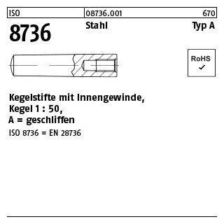 25 Stück, ISO 8736 Stahl Typ A Kegelstifte mit Innengewinde, Kegel 1 : 50, geschliffen - Abmessung: A 6 x 20