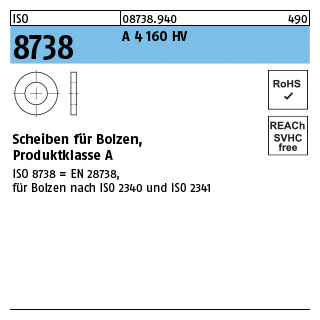 50 Stück, ISO 8738 A 4 160 HV Scheiben für Bolzen, Produktklasse A - Abmessung: 5