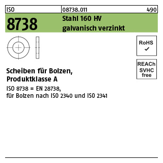 500 Stück, ISO 8738 Stahl 160 HV galvanisch verzinkt Scheiben für Bolzen, Produktklasse A - Abmessung: 14