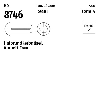 500 Stück, ISO 8746 Stahl Form A Halbrundkerbnägel, mit Fase - Abmessung: 1,4 x 3