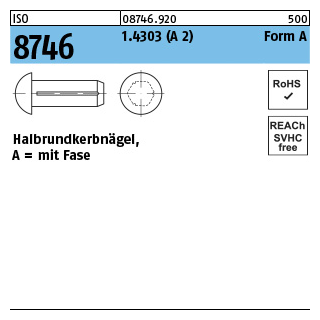 100 Stück, ISO 8746 1.4303 (A 2) Form A Halbrundkerbnägel, mit Fase - Abmessung: 1,4 x 5