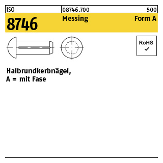 1000 Stück, ISO 8746 Messing Form A Halbrundkerbnägel, mit Fase - Abmessung: 2 x 4