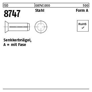 ISO 8747 Stahl Form A Senkkerbnägel, mit Fase - Abmessung: 2 x 6 VE= (500 Stück)