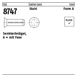 250 Stück, ISO 8747 Stahl Form A Senkkerbnägel, mit Fase - Abmessung: 5 x 20