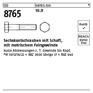 100 Stück, ISO 8765 10.9 Sechskantschrauben mit Schaft, mit metrischem Feingewinde - Abmessung: M 10 x1 x 55
