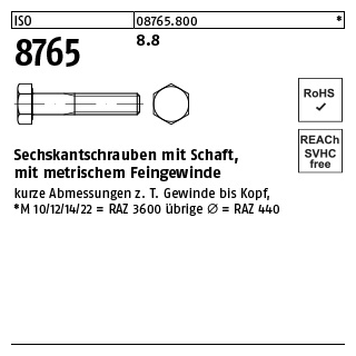 100 Stück, ISO 8765 8.8 Sechskantschrauben mit Schaft, mit metrischem Feingewinde - Abmessung: M 10 x1 x 65