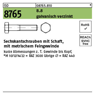 10 Stück, ISO 8765 8.8 galvanisch verzinkt Sechskantschrauben mit Schaft, mit metrischem Feingewinde - Abmessung: M 24x2 x100