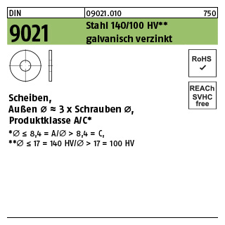 10000 Stück, DIN 9021 Stahl 140/100 HV galvanisch verzinkt Scheiben, Außen Ø ~3 x Schrauben Ø, Produktklasse A/C - Abmessung: 3,2 x 9 x0,8