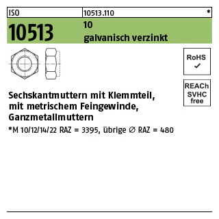50 Stück, ISO 10513 10 galvanisch verzinkt Sechskantmuttern mit Klemmteil, mit metr. Feingewinde, Ganzmetallmuttern - Abmessung: M 20 x 1,5