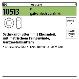 50 Stück, ISO 10513 8 galvanisch verzinkt Sechskantmuttern mit Klemmteil, mit metr. Feingewinde, Ganzmetallmuttern - Abmessung: M 20 x 1,5