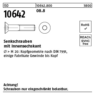 500 Stück, ISO 10642 08.8 Senkschrauben mit Innensechskant - Abmessung: M 3 x 8