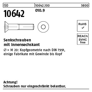 ISO 10642 010.9 Senkschrauben mit Innensechskant - Abmessung: M 20 x 220, Inhalt: 10 Stück