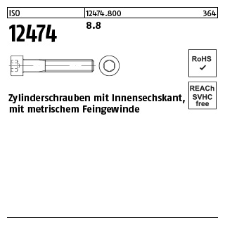 200 Stück, ISO 12474 8.8 Zylinderschrauben mit Innensechskant, mit metrischem Feingewinde - Abmessung: M 8 x1 x 12