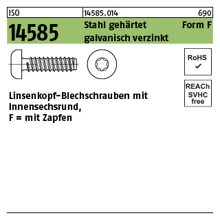 1000 Stück, ISO 14585 Stahl, geh. Form F galvanisch verzinkt Flachkopf-Blechschrauben mit Zapfen, mit Innensechsrund - Abmessung: 2,9 x 6,5 -F