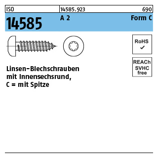 1000 Stück, ISO 14585 A 2 Form C - ISR Flachkopf-Blechschrauben mit Spitze, mit Innensechsrund - Abmessung: 2,9 x 9,5 -C