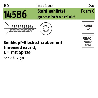 1000 Stück, ISO 14586 Stahl, geh. Form C galvanisch verzinkt Senkkopf-Blechschrauben mit Spitze, mit Innensechsrund - Abmessung: 2,9x 9,5 -C