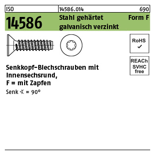 1000 Stück, ISO 14586 Stahl, geh. Form F galvanisch verzinkt Senk-Blechschrauben, mit Zapfen, mit Innensechsrund - Abmessung: 2,9 x 13 -F