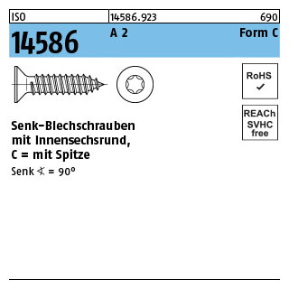 250 Stück, ISO 14586 A 2 Form C- ISR Senk-Blechschrauben, mit Spitze, mit Innensechsrund - Abmessung: 4,8 x 80 -C