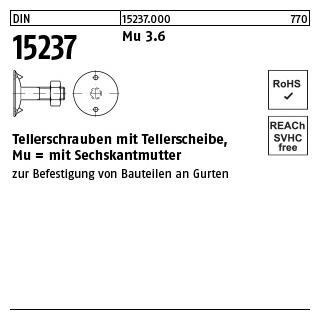 200 Stück, DIN 15237 Mu 3.6 Tellerschrauben mit Tellerscheibe, mit Sechskantmutter - Abmessung: M 6 x 20