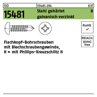 1000 Stück, ISO 15481 Stahl, geh. H galvanisch verzinkt Flachkopf-Bohrschrauben mit Blechschraubengew., Phillips-KS H - Abmessung: ST 4,8 x 16 -H