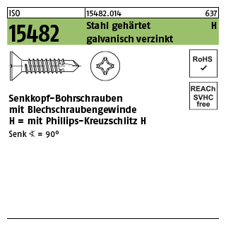 1000 Stück, ISO 15482 Stahl, geh. H galvanisch verzinkt Senk-Bohrschrauben mit Blechschraubengew., Phillips-KS H - Abmessung: ST 2,9 x 16 -H