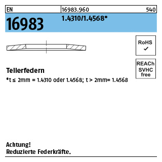 200 Stück, EN 16983 1.4310/1.4568 Tellerfedern - Abmessung: 15 x 8,2x0,8