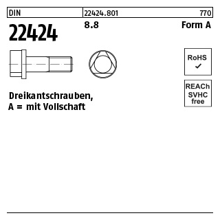 100 Stück, DIN 22424 8.8 Form A Dreikantschrauben, mit Vollschaft - Abmessung: AM 8 x 25