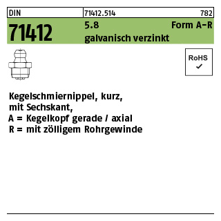 100 Stück, DIN 71412 5.8 Form A-R galvanisch verzinkt Kegelschmiernippel, kurz, mit Sechskant, Kegelkopf gerade/axial, mit Rohrgew. - Abmessung: AR 1/8 SW11